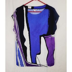 Chico's blue abstract print liquid knit top size large Artsy Retro Colorful